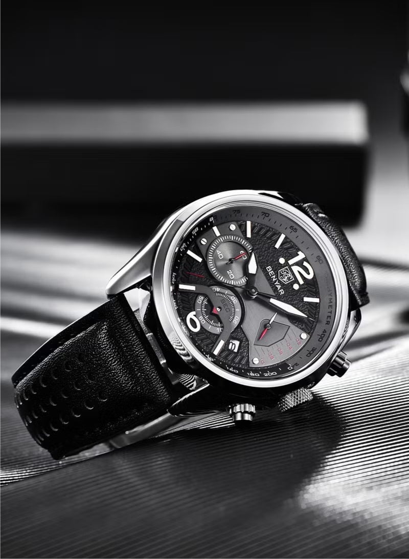 BENYAR Men's Quartz Watches Genuine Leather Sports Wrist Watch for Men Waterproof,Silver Black - Image 3